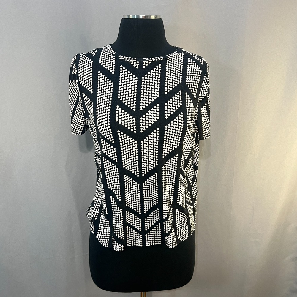 Alfani Velvet Blouse Top Womens Medium P Black Polka Dot Stretch High Low Hem